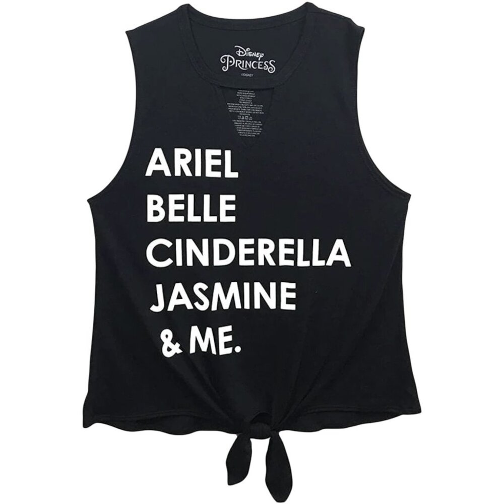 Disney Black Muscle Tank with White Princess Names and Front Tie
